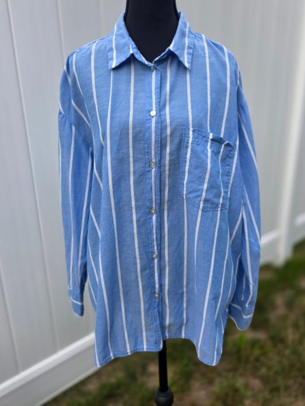 H&M Blue White Striped Oversized Cotton Button Down Shirt Size 10